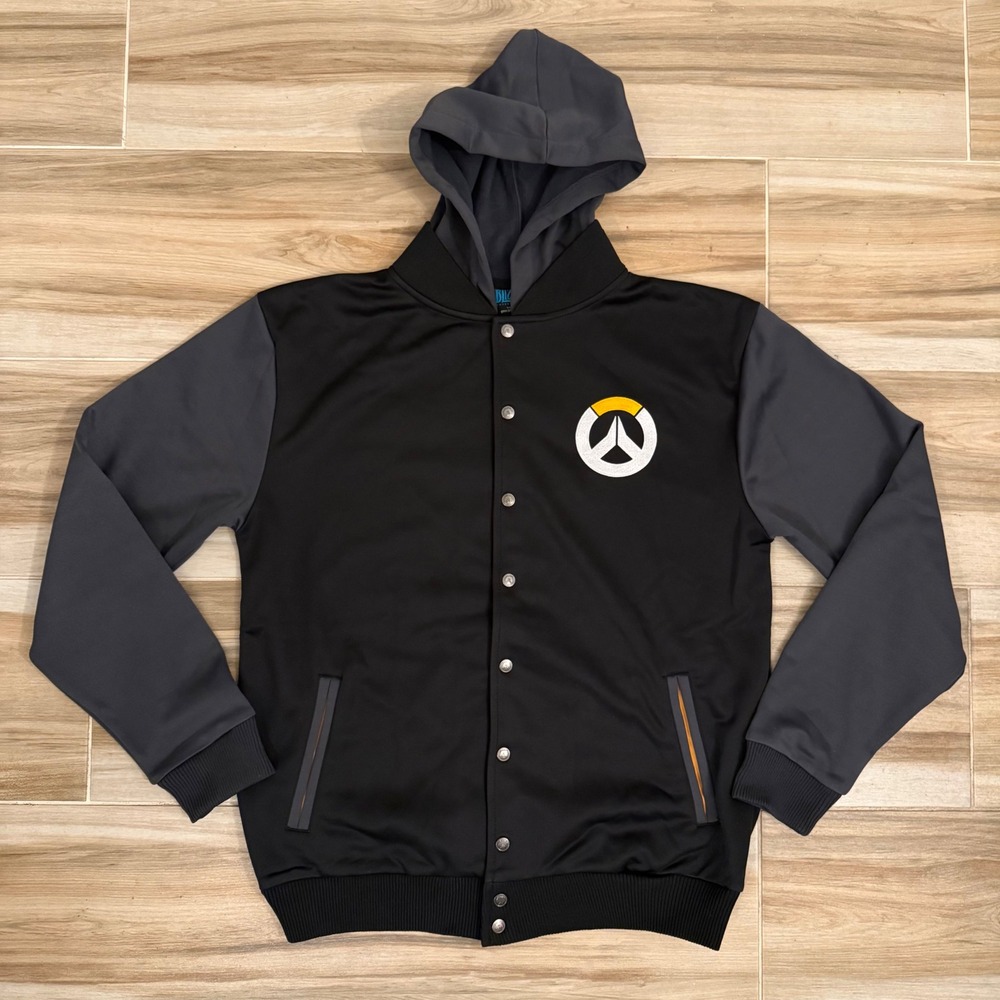 Vintage 2015 Blizzard Overwatch Hooded Varsity Jacket Bomber Black Grey Mens XL